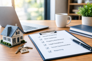 Professional property management consultation with rental home model, keys, documents, and a laptop representing tenant, maintenance, and rental management services.