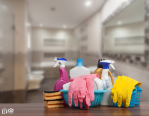 Cleaning Supplies as the Focal Point of a Bathroom in a Denton Rental Home