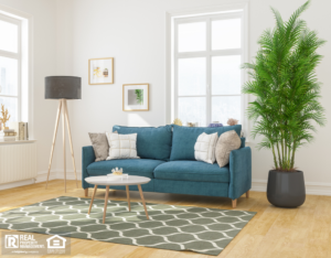 Living Room in Pflugerville Rental with Colorful Rug and Couch