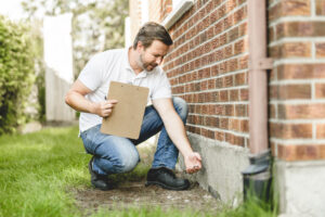 The home inspector is checking the building structure and foundation.